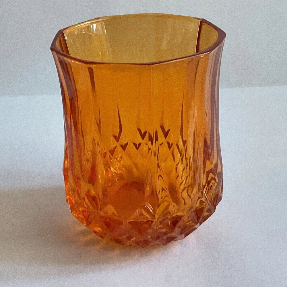 Vintage Diamond Point Faceted Shot Glasses Votive Cups Orange Black Set of 2 MCM